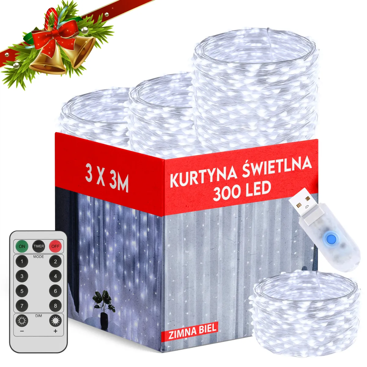 LED-lysgardin med Fjernbetjening 300 LED 3M x 3M - Koldhvid - L090944