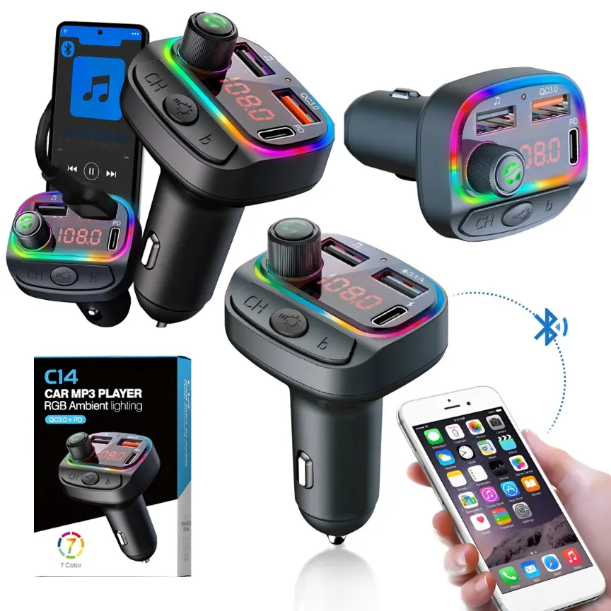 WIRELESS FM TRANSMITTER MP3 WITH RGB LIGHT FAST CHARGER - C14
