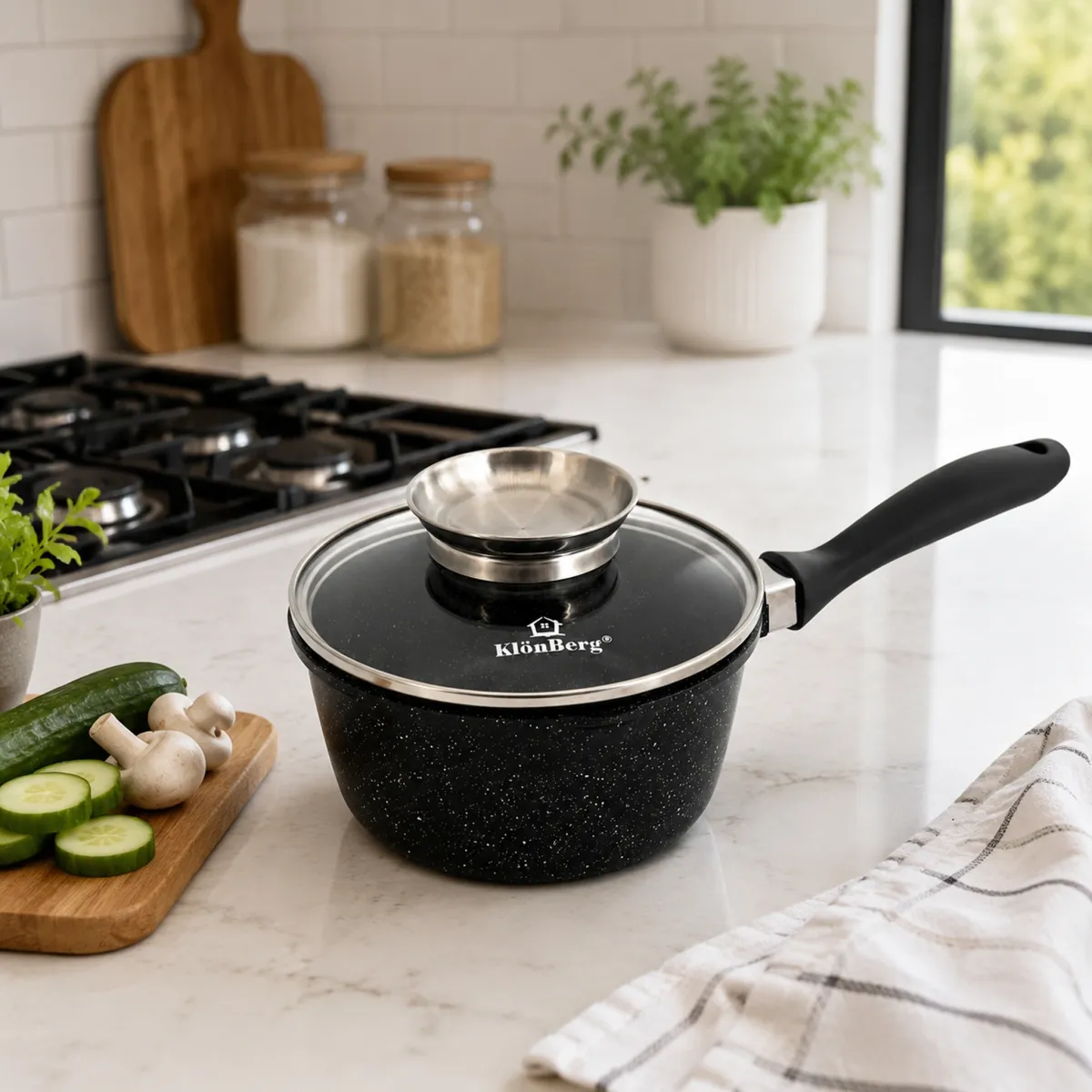 KlonBerg 16cm Ceramic Marble Non Stick Saucepan 1.4L with Glass Lid KB-4018