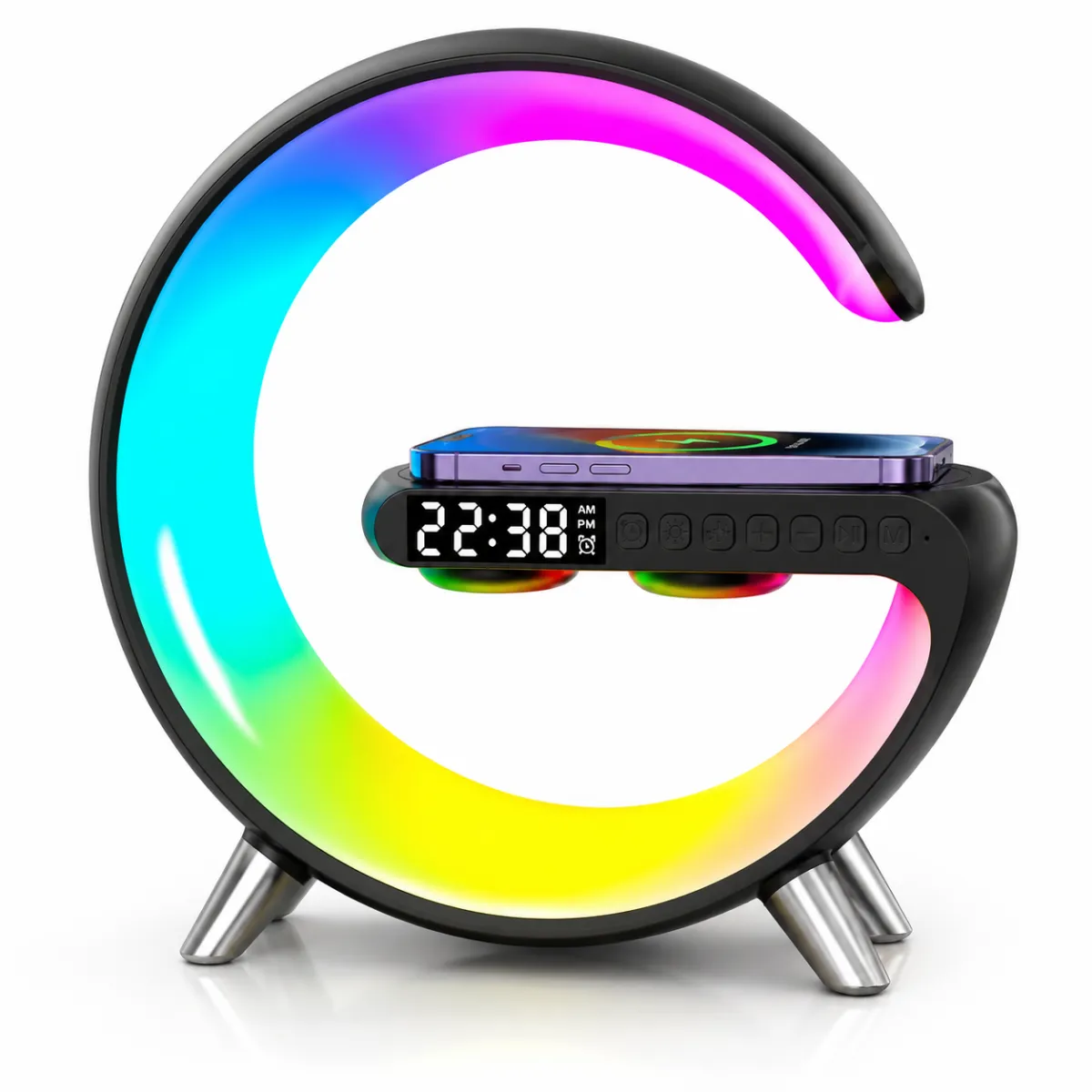 Smart G-Shape RGB Lamp with Wireless Charger, Alarm Clock & Bluetooth Speaker KDM0269