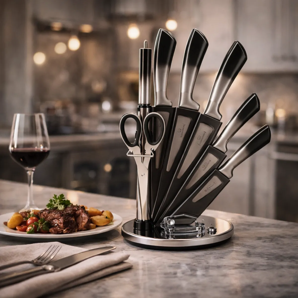 Stainless Steel Kitchen Knife Set 9PCS with Acrylic Rotating Holder KB-3220