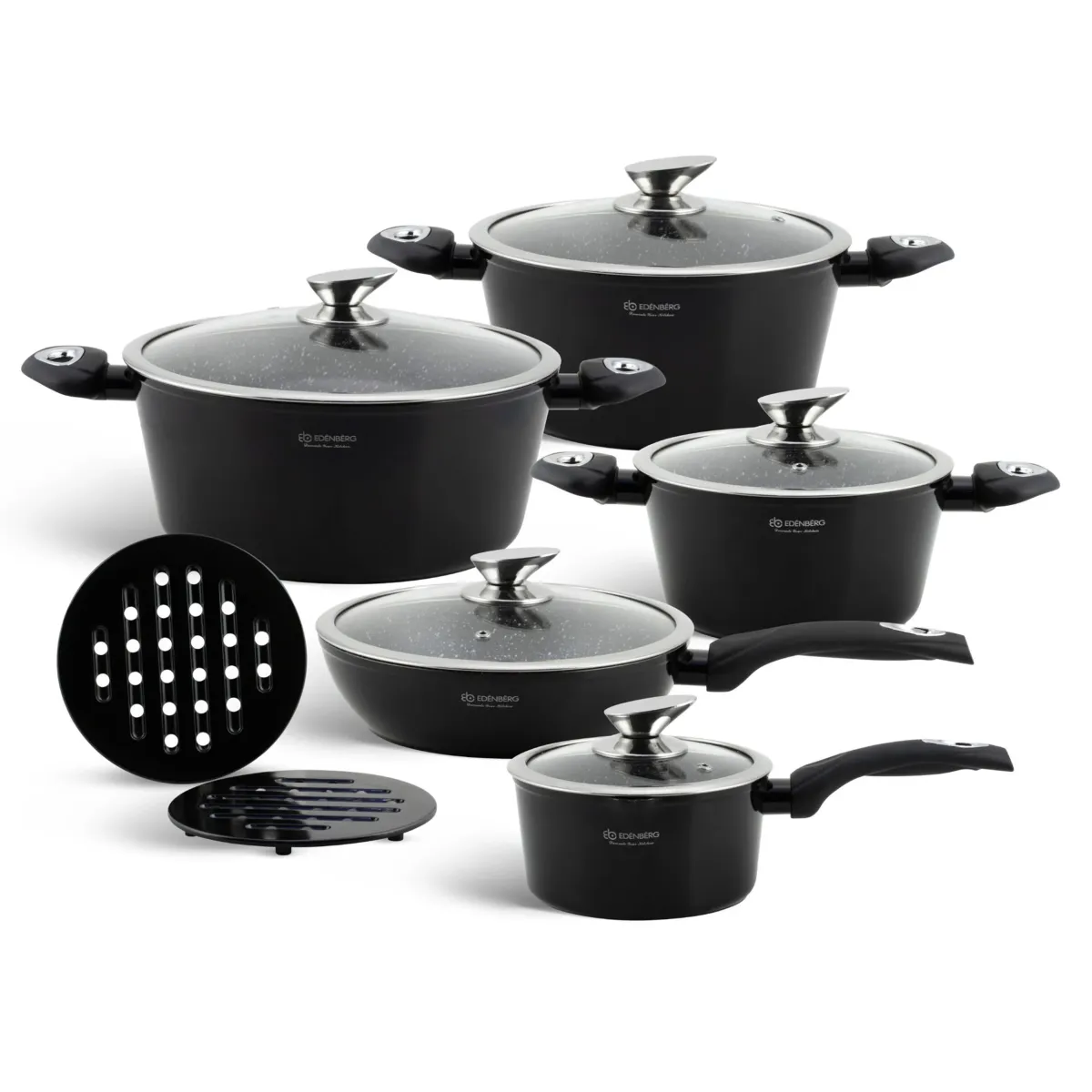 EDENBERG 12PCS ALUMINIUM COOKWARE SET WITH KITCHEN TOOLS - METALIC BLACK EB-5613