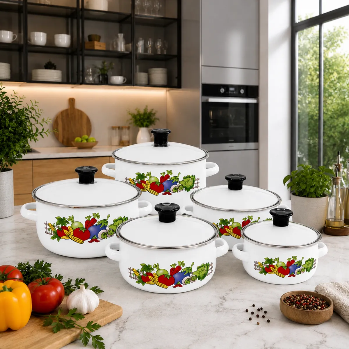 Enamel Cookware Set 5-Piece Vegetable Print with Glass Lids