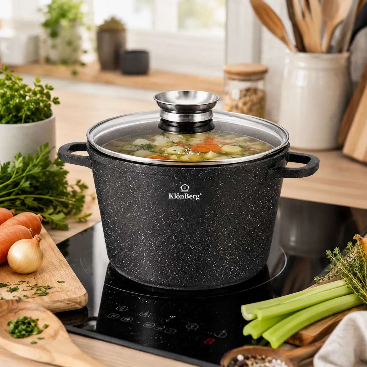 Cast Aluminium 11L Deep Pot 28 cm with Lid Ceramic Marble Non Stick Coating KB-4009