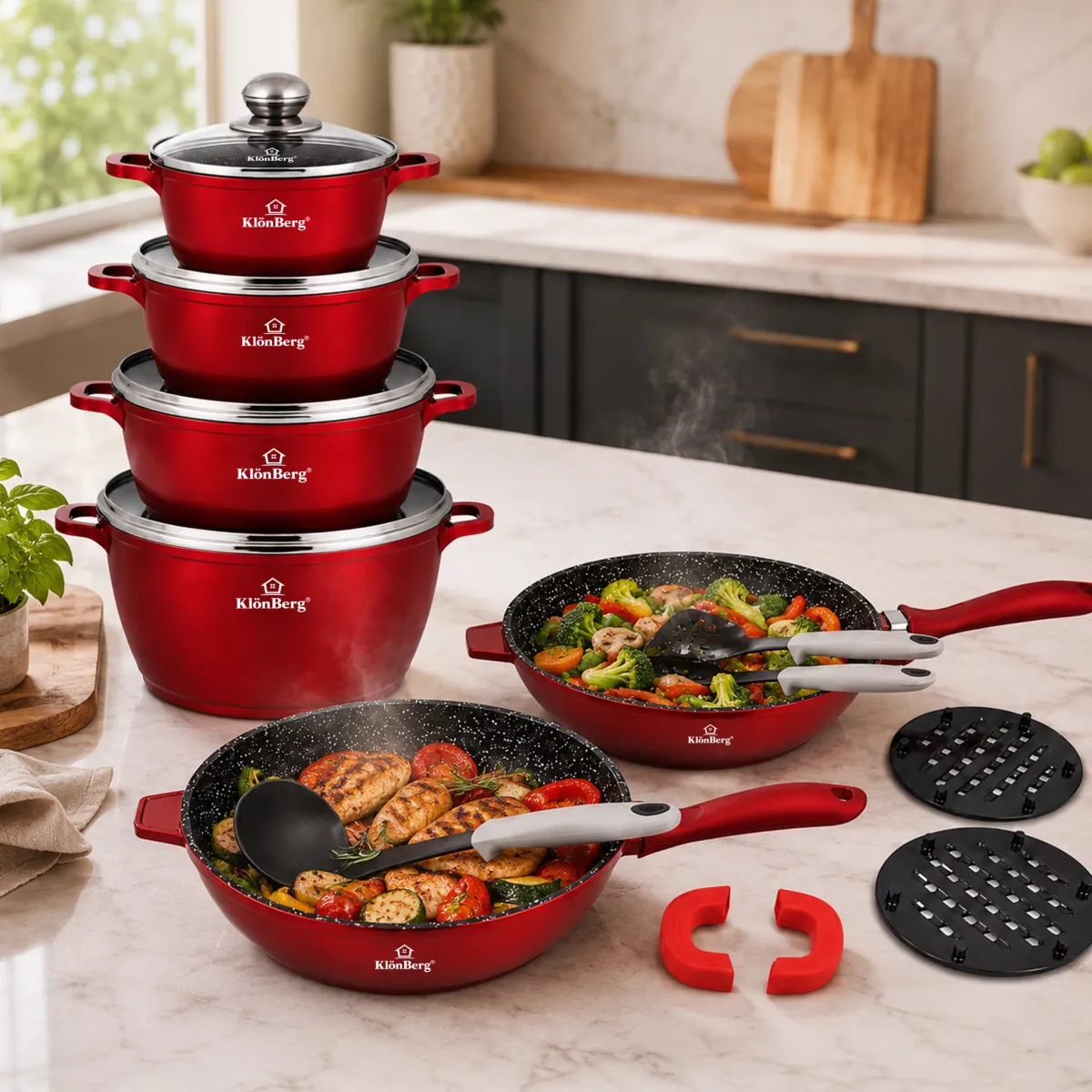 Cast Aluminium 17-Piece Ceramic Marble Non-Stick Cookware Set Red KB-4073