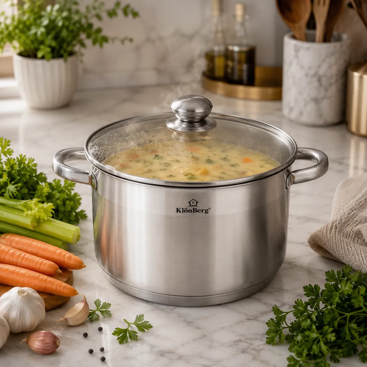 Stainless Steel gryde 34cm 17,2L med glastag og 5-lags bund