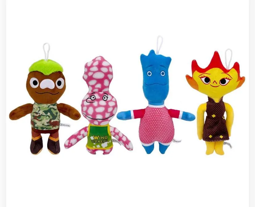 elemental-themed cartoon plush characters lined up against a plain white background, each equipped with a top hanging loop.  First Character (Earth/Wood): A brown figure with green
