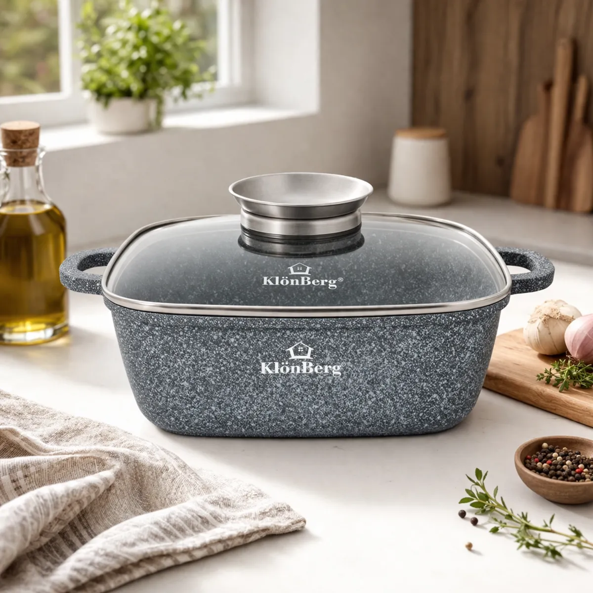 Klonberg Kare Tencere 18cm 2.3L Yapışmaz Cam Kapaklı KB-3900