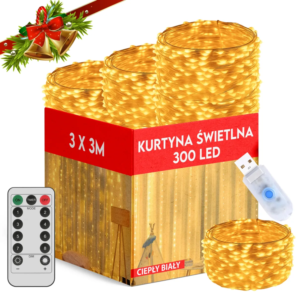 Perdea luminoasa LED cu telecomanda 300 LED 3M x 3M - Alb cald - L090945