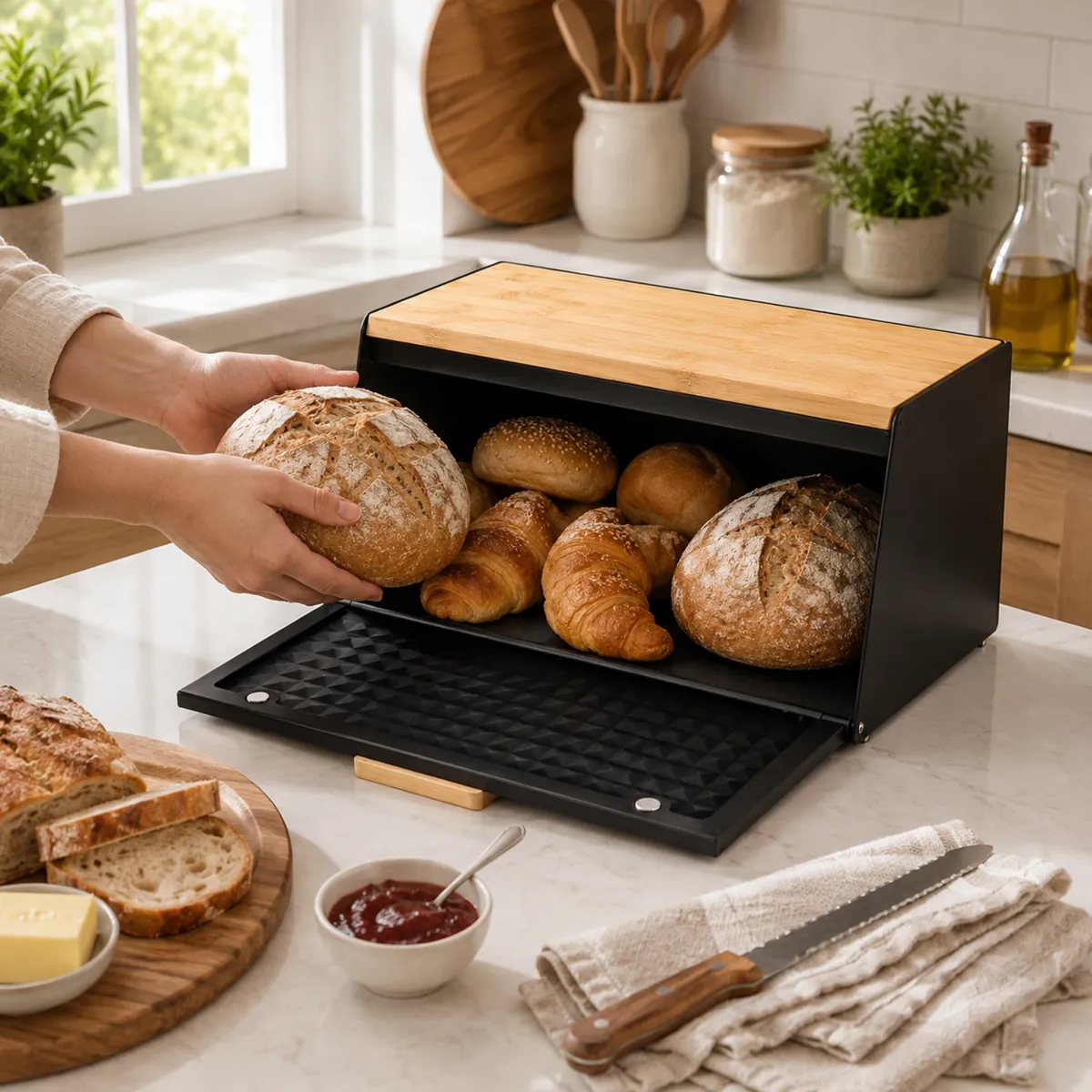 Steel Roll Top Bread Box in Black with Bamboo Cutting Board Lid