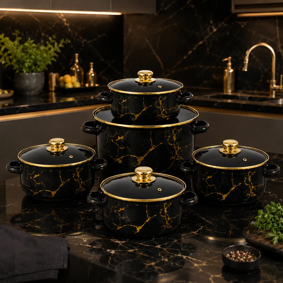 Enamel Casserole Set 5 Piece Black and Gold with Glass Lids