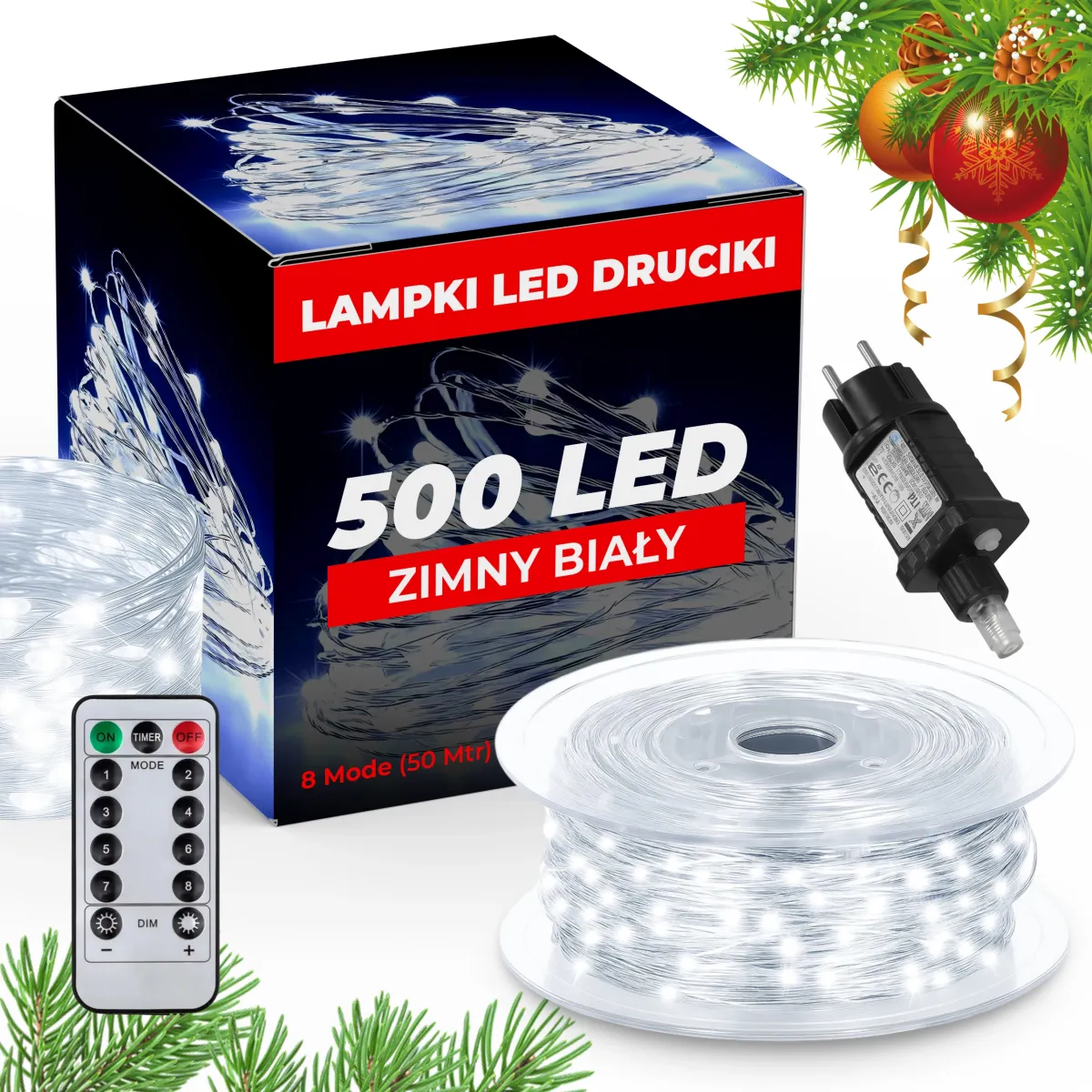 CHRISTMAS STRING LIGHTS + REMOTE 500 LED 50M - COLD WHITE - CP1169