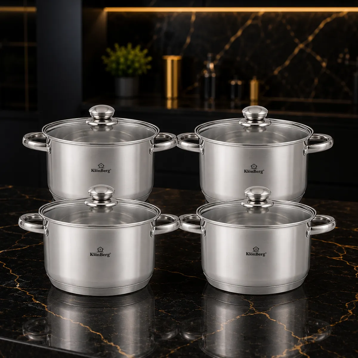 Stainless Steel Stock Pot Set 8 Pcs 5 Step Base with Glass Lid KB-2532