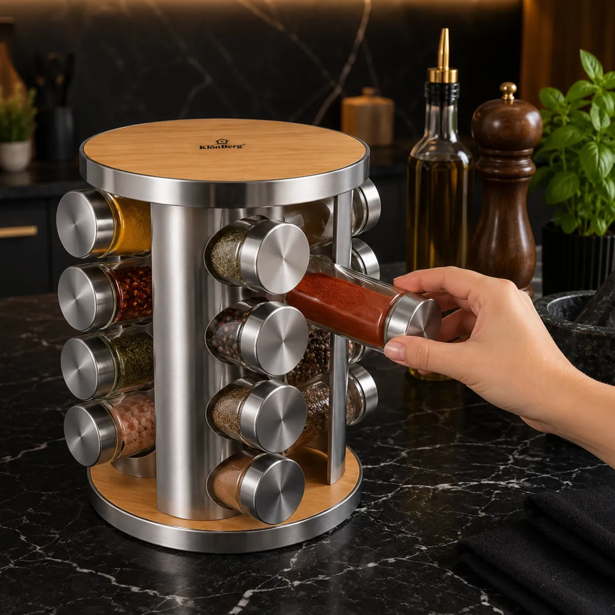 Rotating Spice Rack with 16 Glass Spice Jars and Steel Stand