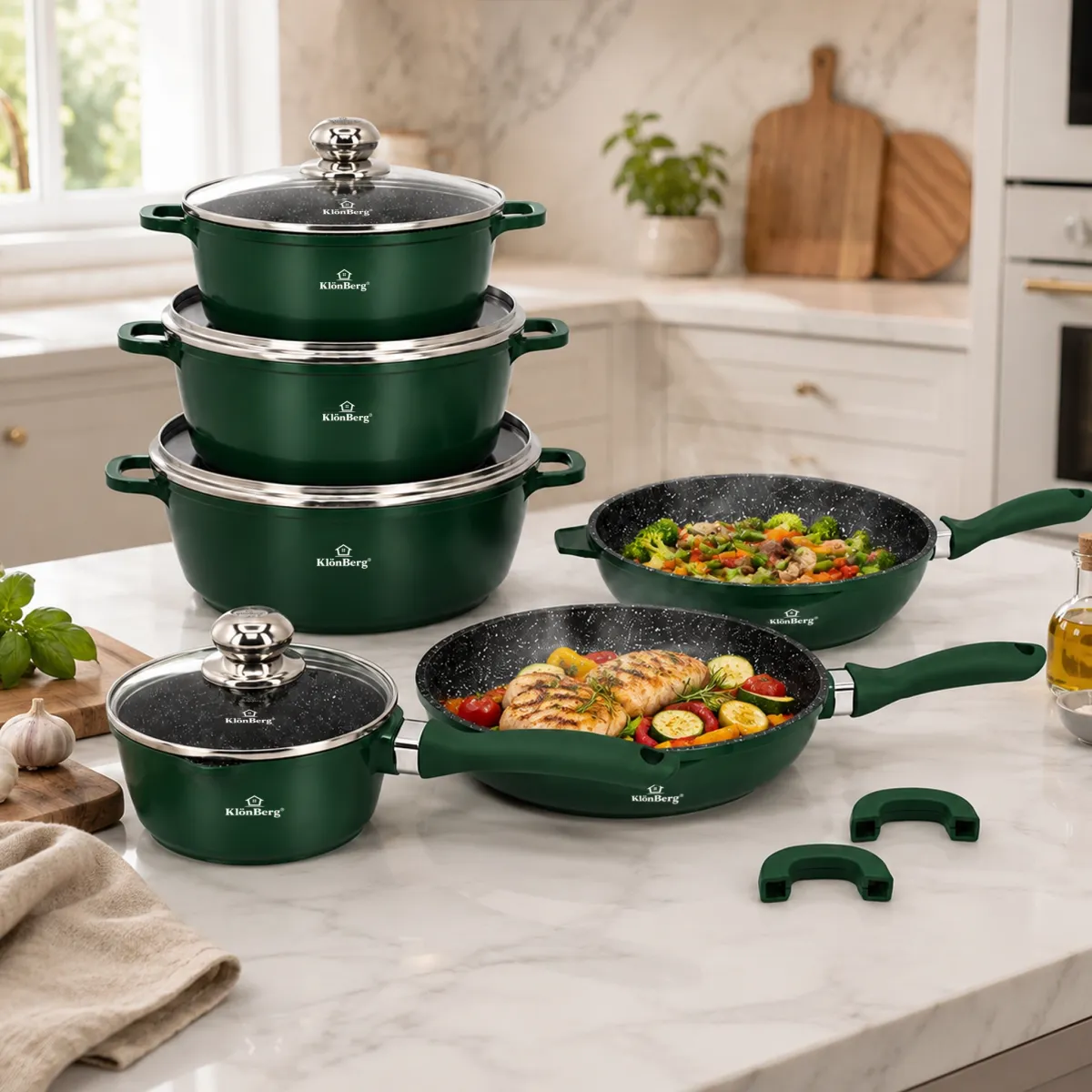 Cast Aluminium 12-Piece Ceramic Marble Non-Stick Cookware Set – Green KB-4079