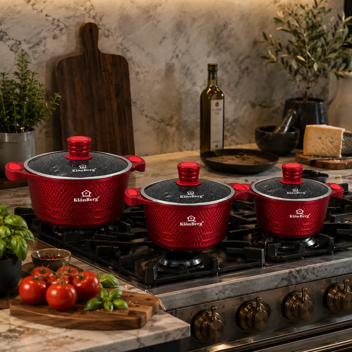 Cast Aluminium Marble Pot Set 6 Pcs Red