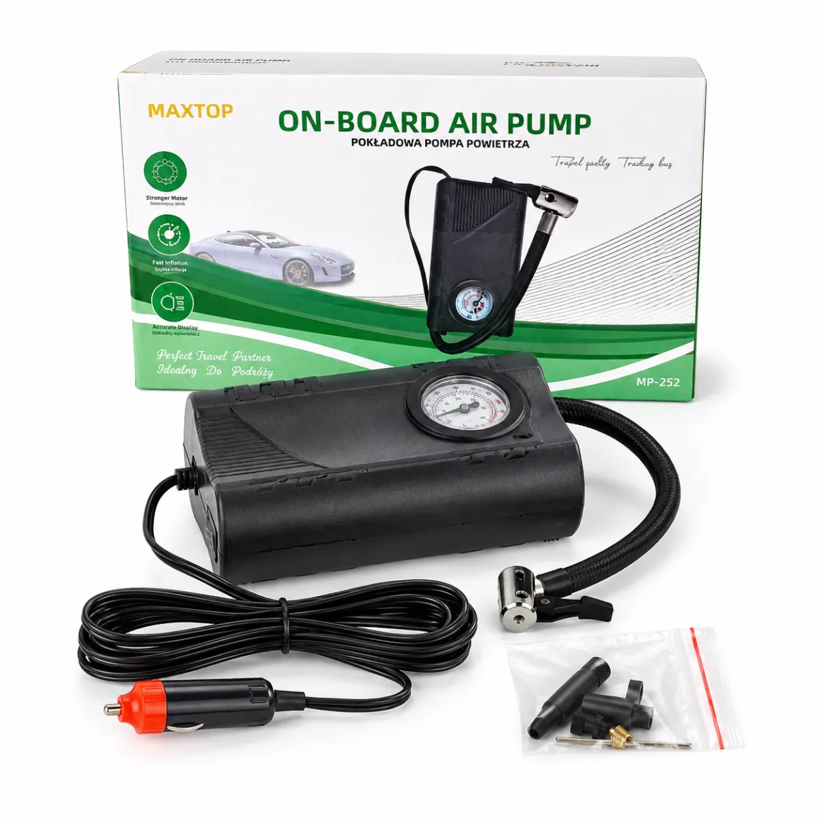 Maxtop 12V Car Air Pump - Compact Tire Compressor with Pressure Gauge KDM0567
