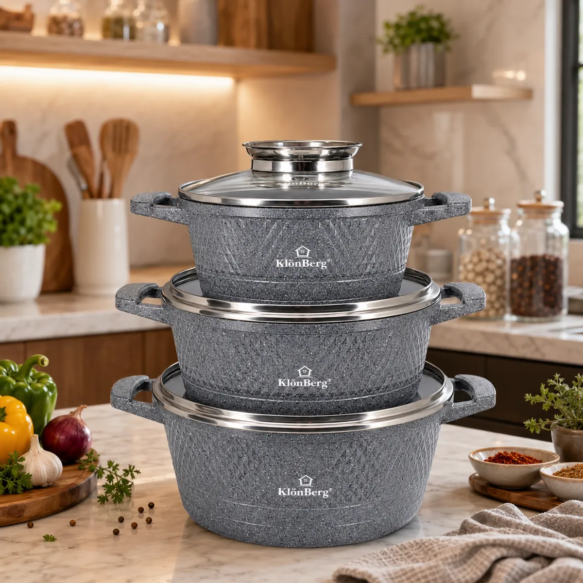 Ceramic Marble Cookware Set 6PCS Nonstick Induction Pots with Lids KB-3723