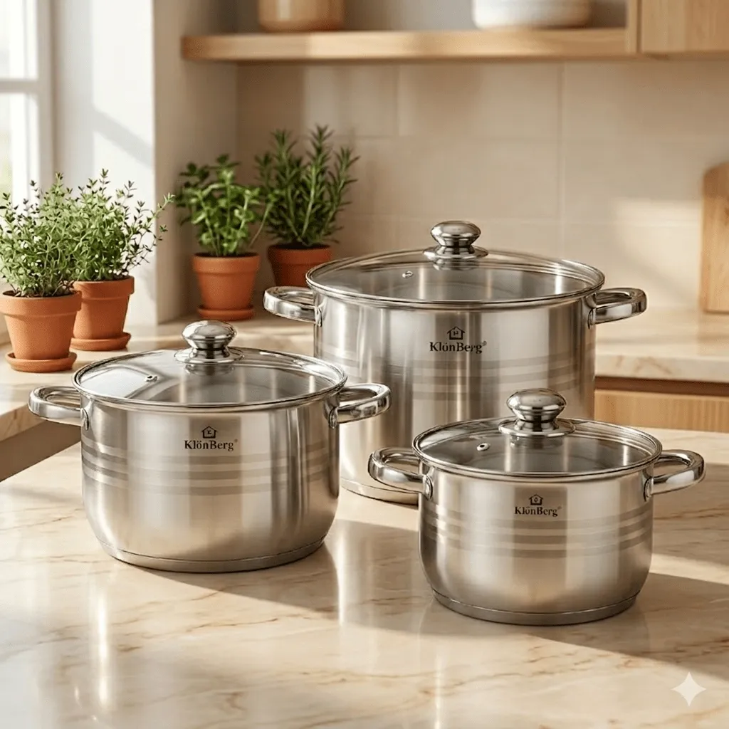 Klonberg Stainless Steel Stock Pot Set 6 Pcs 5 Step Base with Glass Lid KB-2527