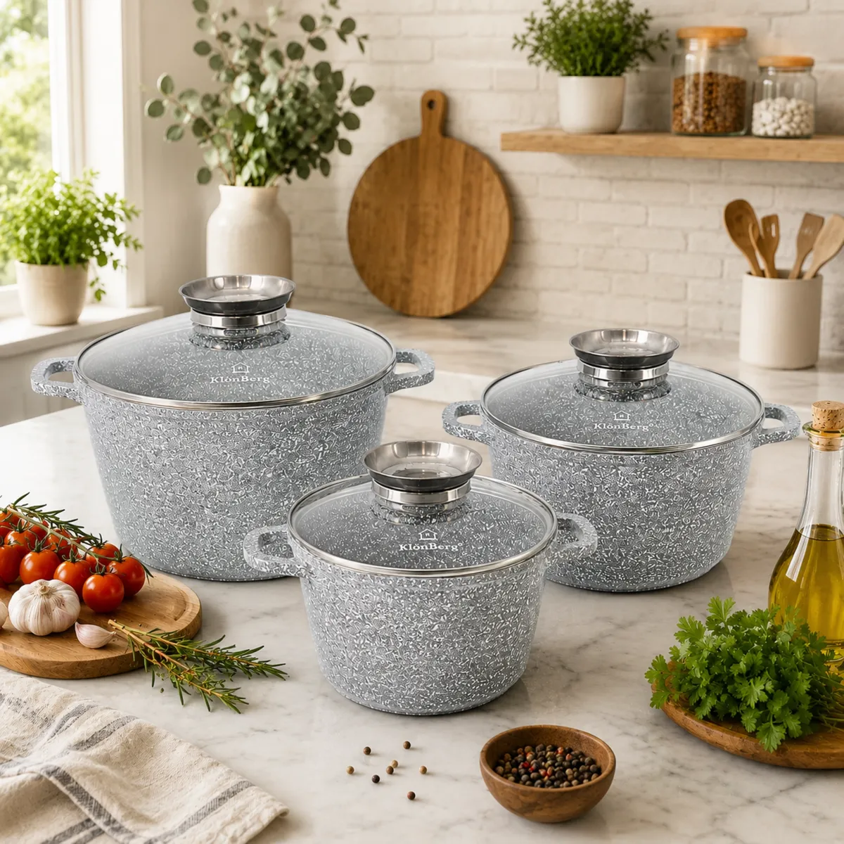 Ceramic Marble Non-Stick Cookware Set 6 Pcs Induction Pots KlonBerg KB-3967