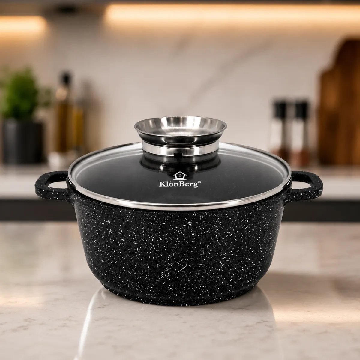 Cast Aluminium Soup Pot 22CM 3.1L Ceramic Marble Non Stick with Glass Lid KB-4004