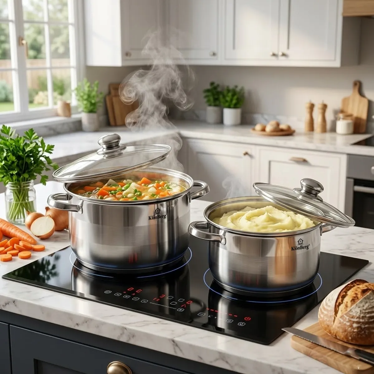 Stainless Steel Pot Set 4 Pcs with Glass Lids and 5 Layer Base
