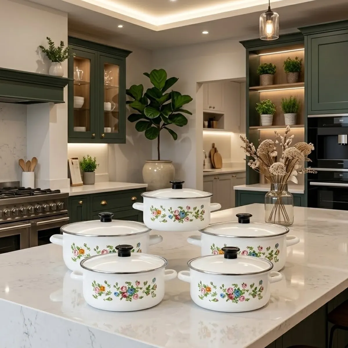 Enamel Cookware Set 10 Pieces with Floral Design and Glass Lids