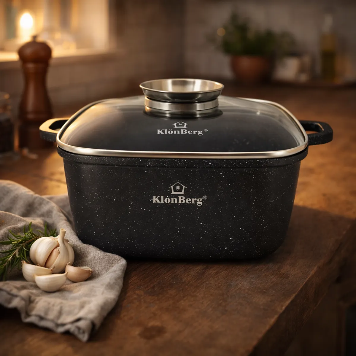 Cast Aluminium Non-Stick Square Pot with Glass Lid 4.5L 24cm Induction KB-4013