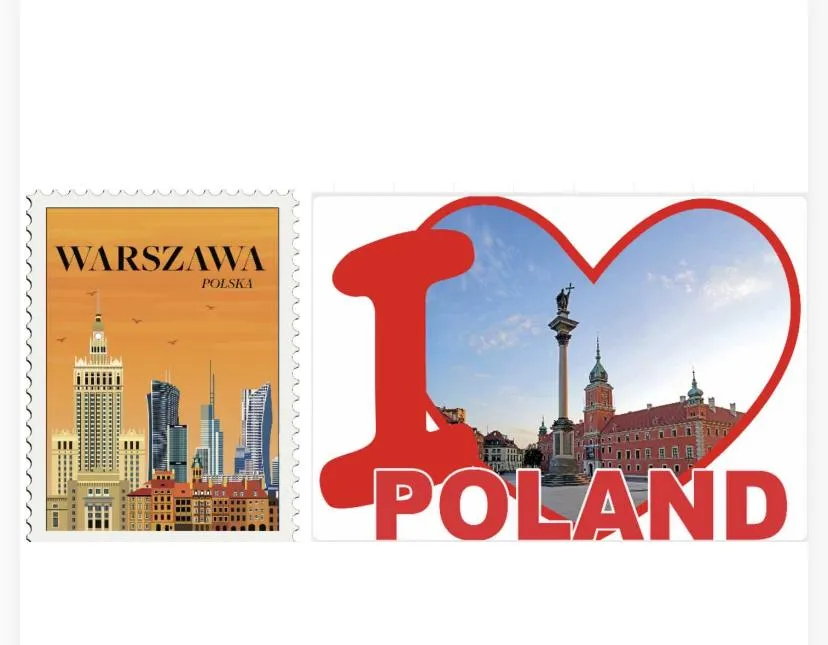 Dual Design Styles: Includes a vintage art-style stamp design depicting the Palace of Culture and Science alongside modern skyscrapers, plus a classic "I 790085❤️ POLAND" cutout showcasing Sigismund's Column and the Royal Castle.