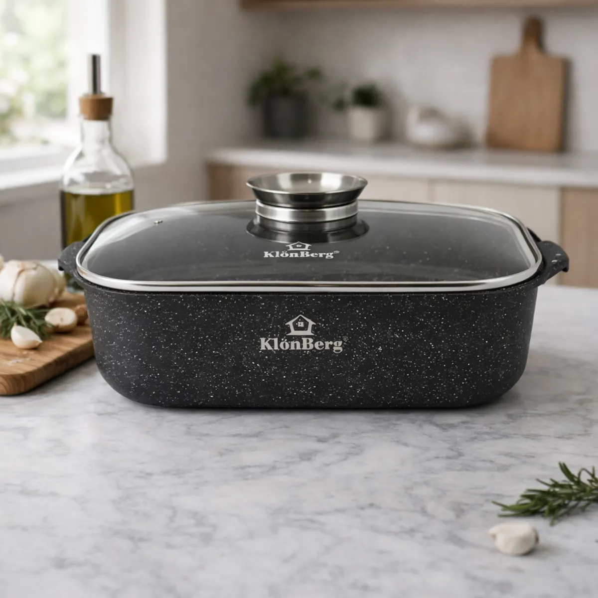 Roaster Pan 34cm 6L Black Ceramic Marble Non-Stick with Lid for Induction
