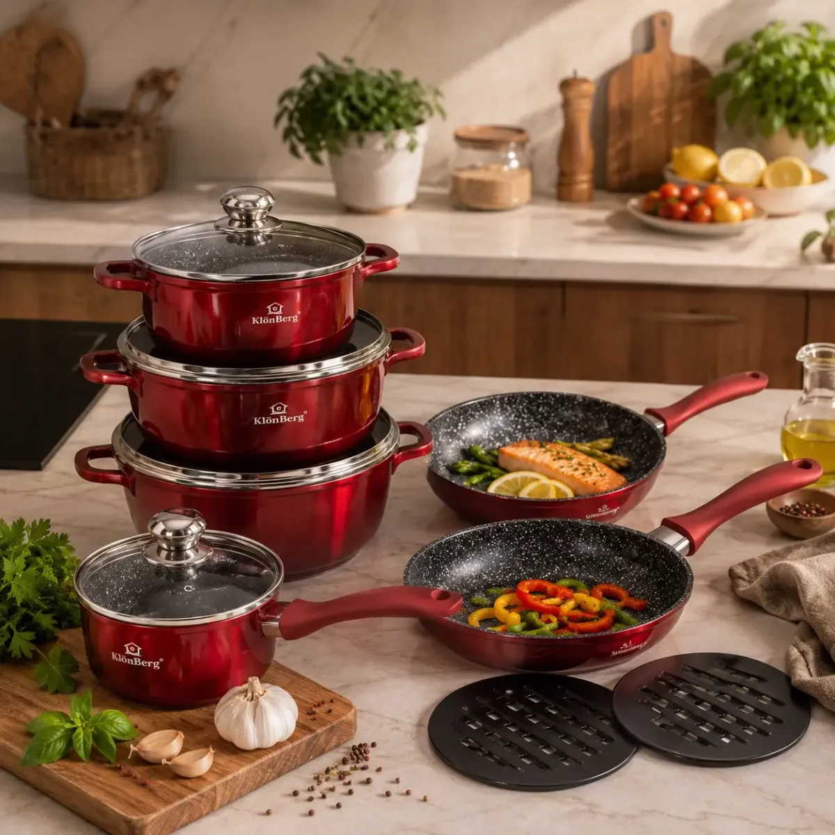 Cast Aluminium 12-Piece Ceramic Marble Non-Stick Cookware Set Red