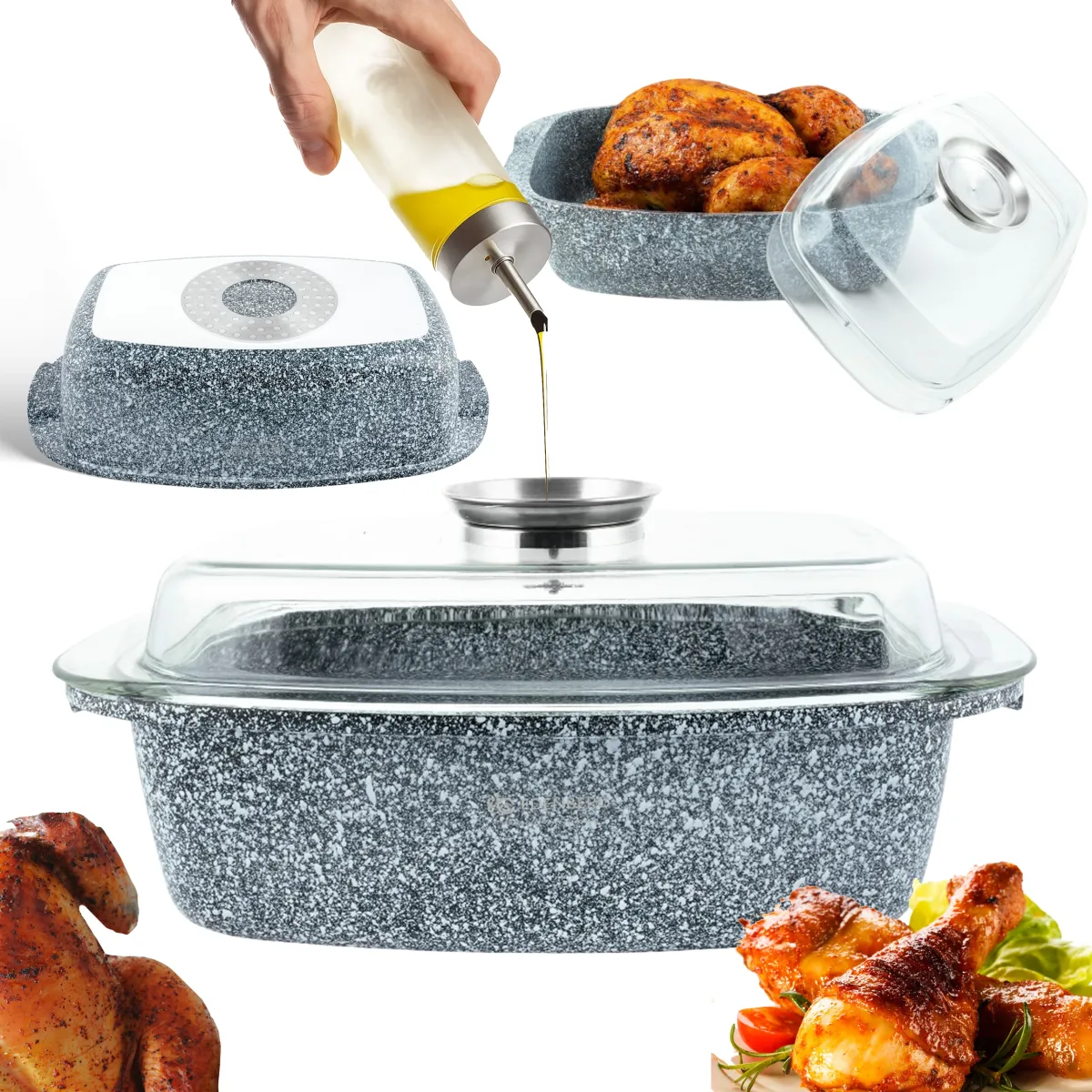 Edenberg Roaster 32cm 5.5L Ceramic Marble Non-Stick with Tempered Glass Lid -EB-8007