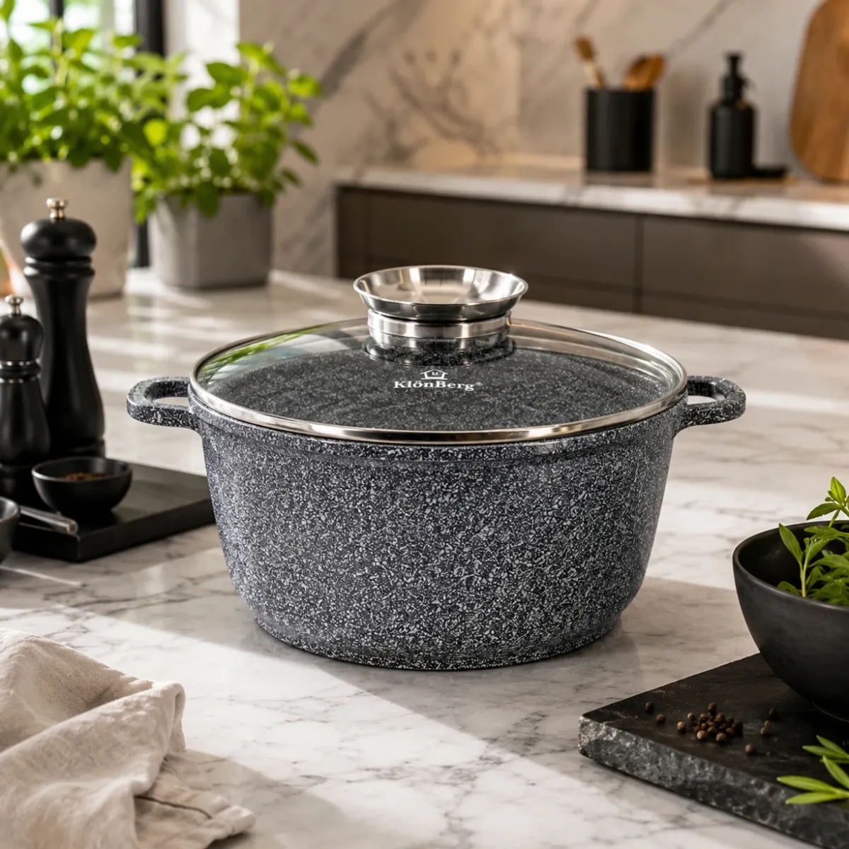 Ceramic Marble Soup Pot 26cm 5.2L Nonstick Induction Pot with Glass Lid KB-3906