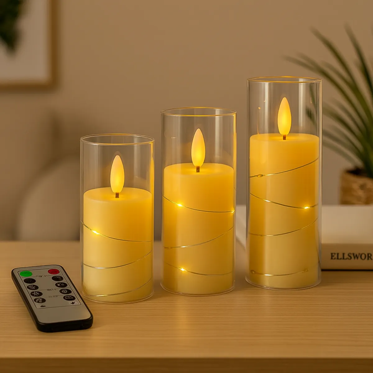 LED Pillar Candle with String Light + Remote – 3 Sizes – L090583