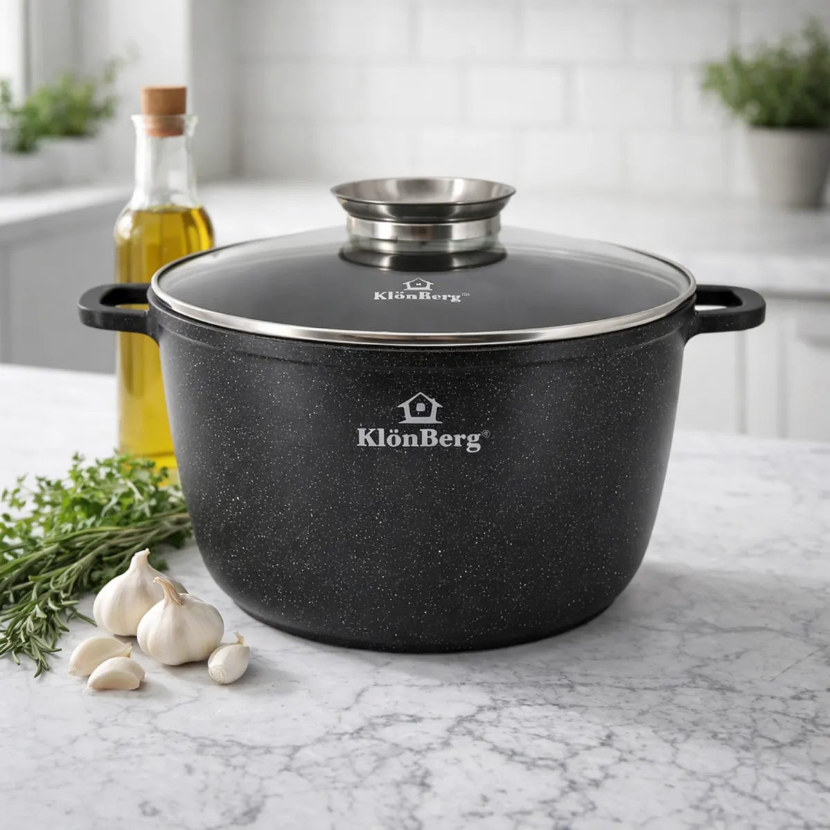 Cast Aluminum Pot With Lid 6.2L Ceramic Marble Coat Black Marble KB-4008