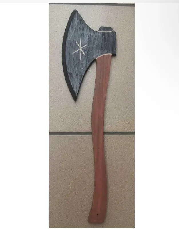 Features a wide Viking-style axe blade finished in a weathered black/charcoal paint with an engraved light star/rune symbol, paired with an ergonomically curved brown wooden handle.