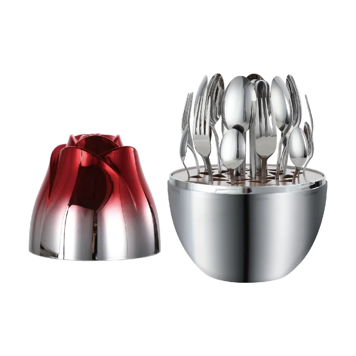 24PCS SET SILVER–RED ROSE-SHAPED STAINLESS STEEL CUTLERY SET WITH SPOONS, FORKS, TEA SPOONS & KNIVES - K020770