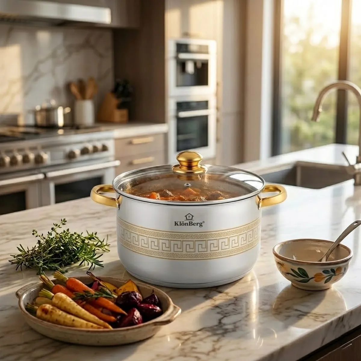 Stainless Steel Stock Pot 32cm 14.5L with Glass Lid and Gold Finish