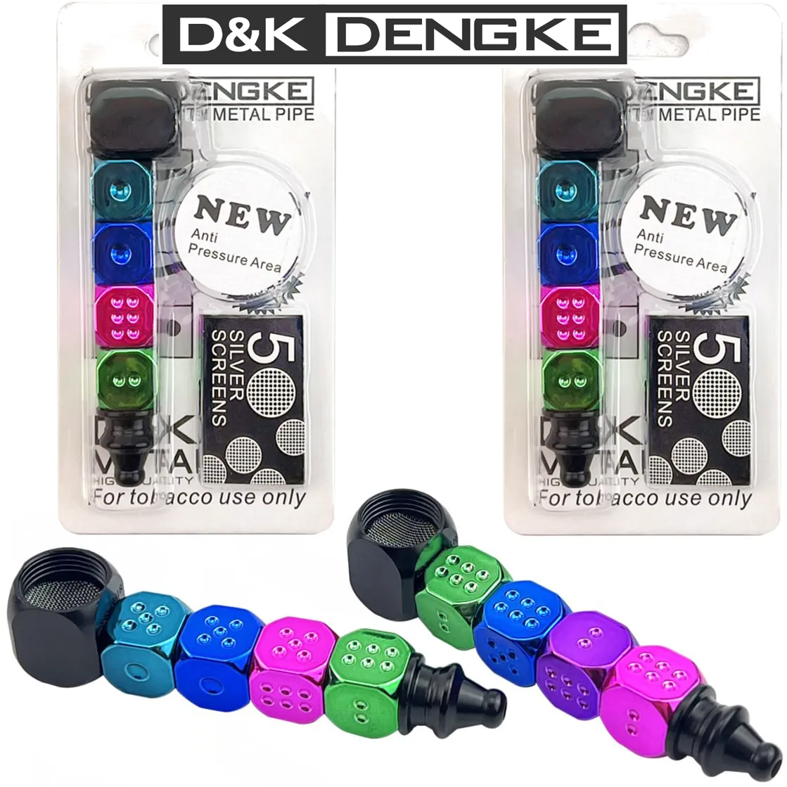 D&K DENGKE Modular Metal Tobacco Pipe with Dice Design and 5 Screens KDM0116