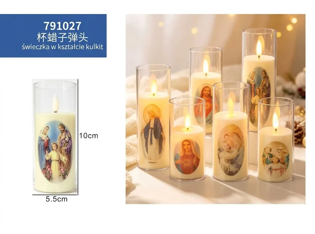791027 Religious Flameless LED Candle in Clear Glass Cup (10cm)