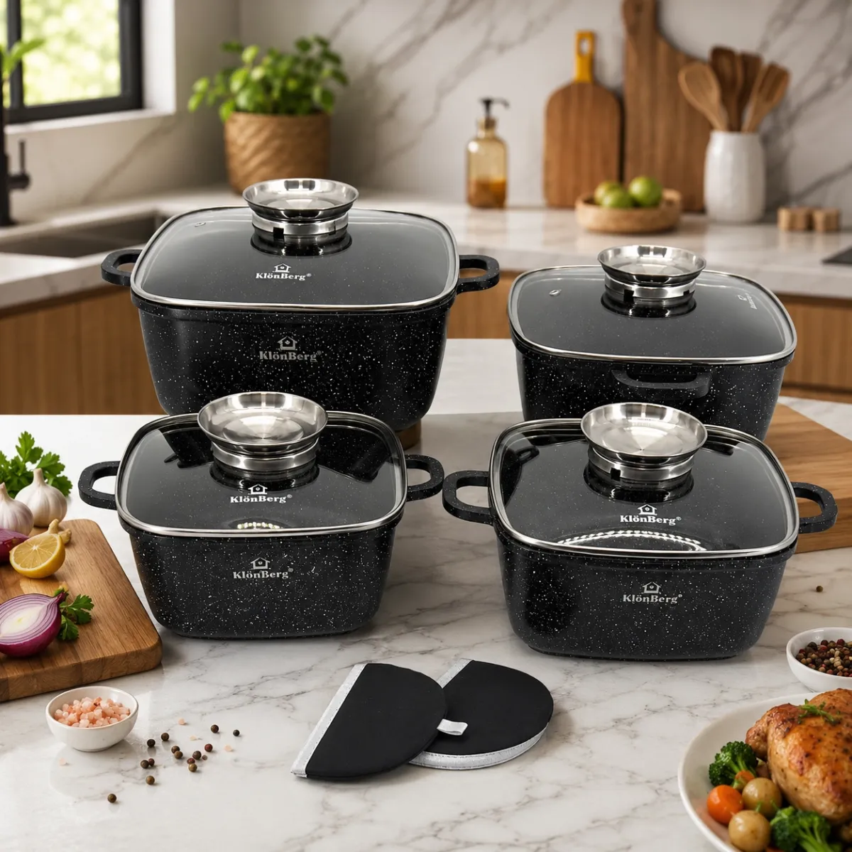 Ceramic Marble Non Stick Cookware Set 8pcs Square Cast Aluminum