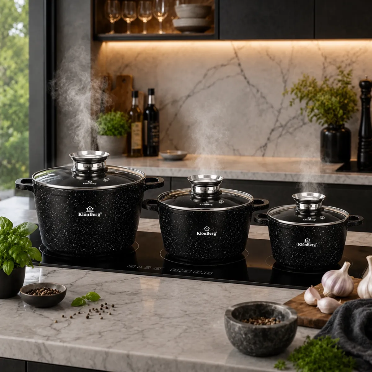Ceramic Marble Cookware Set 6PCS Black Non Stick with Glass Lids