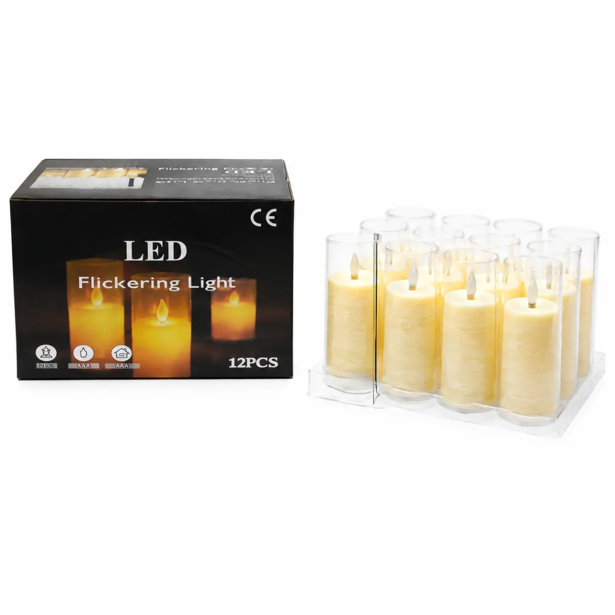 LED Flickering Candles with Glass Holders - 12 Pack KDM0845