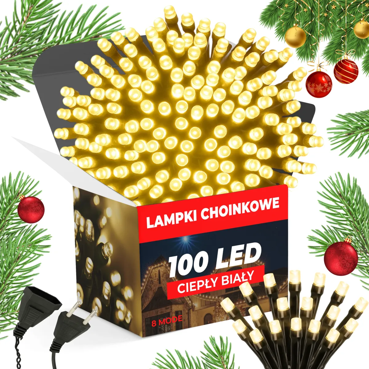 Vánoční osvětlení na stromeček 100 LED, 7,5 m, teplá bílá, 8 režimů | L090903