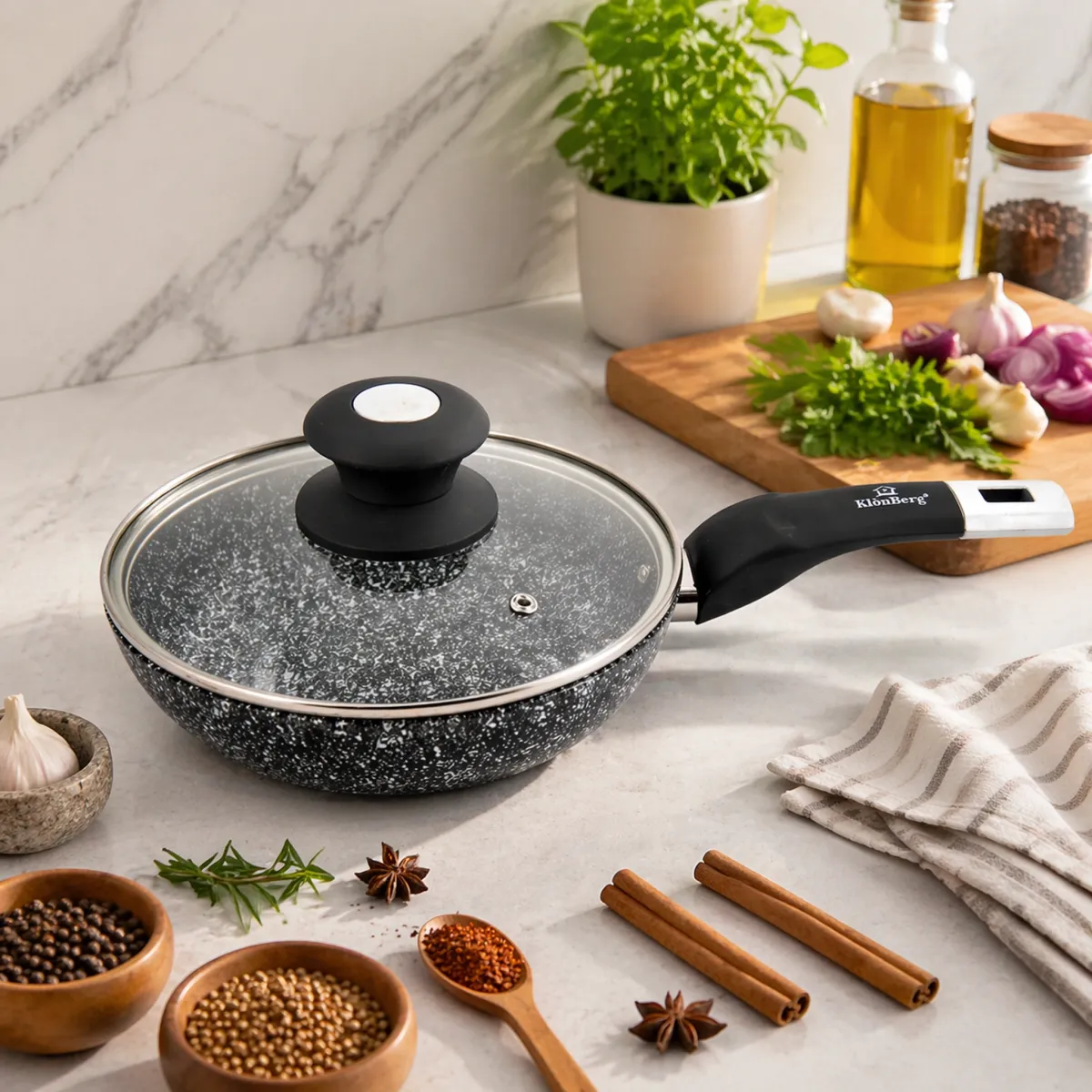 Granite Non Stick Frying Pan with Lid 20cm Pressed Aluminum KB-8641