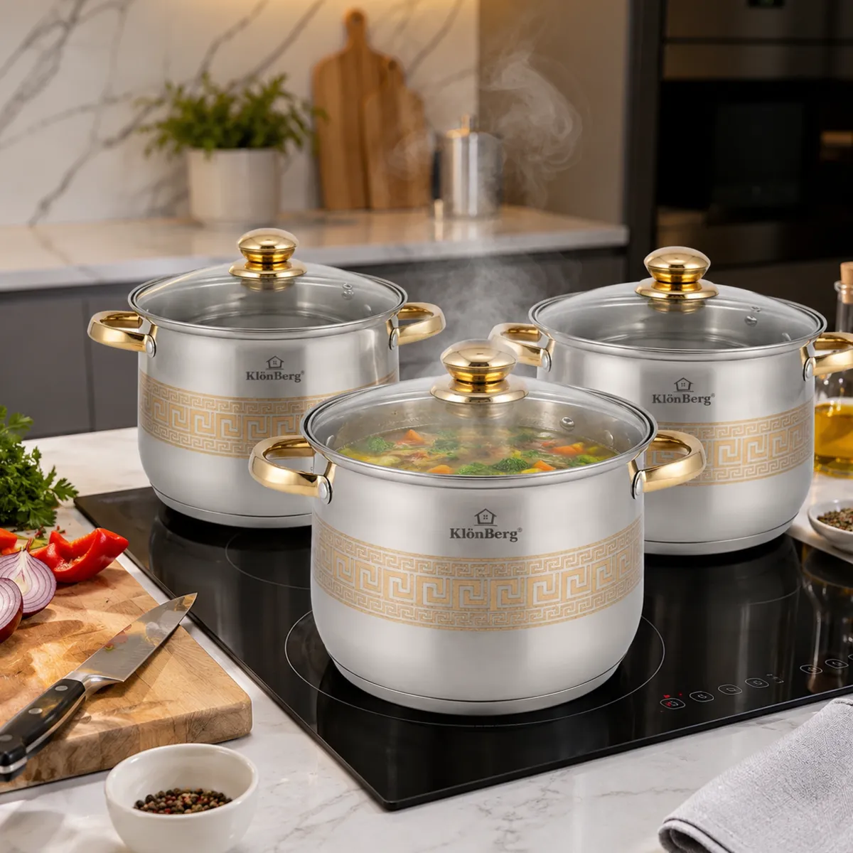 Stainless Steel Stock Pot Set 6Pcs with Glass Lids 5-Layer Base KB-3044