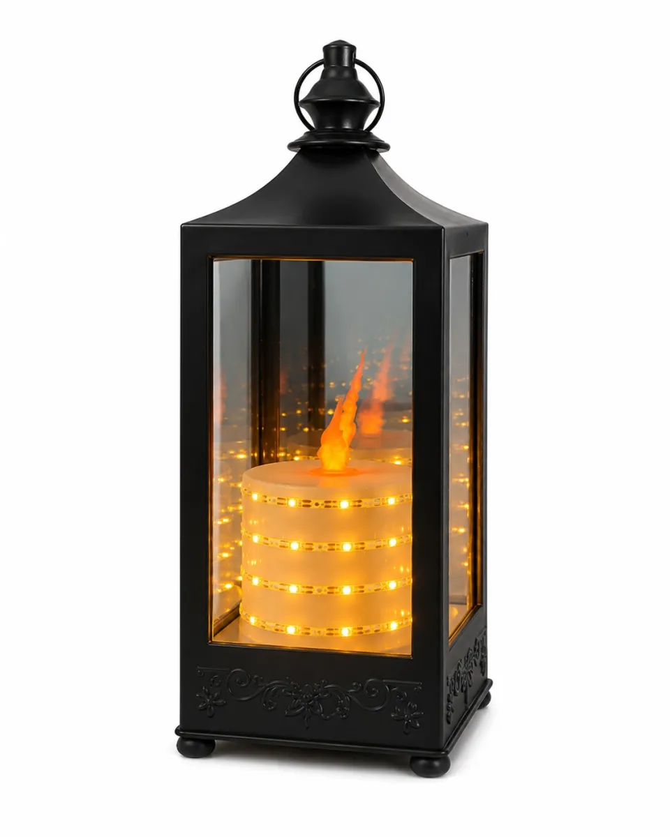 LED Candle Lantern Black Glass Flameless Flickering Light- CD-2386