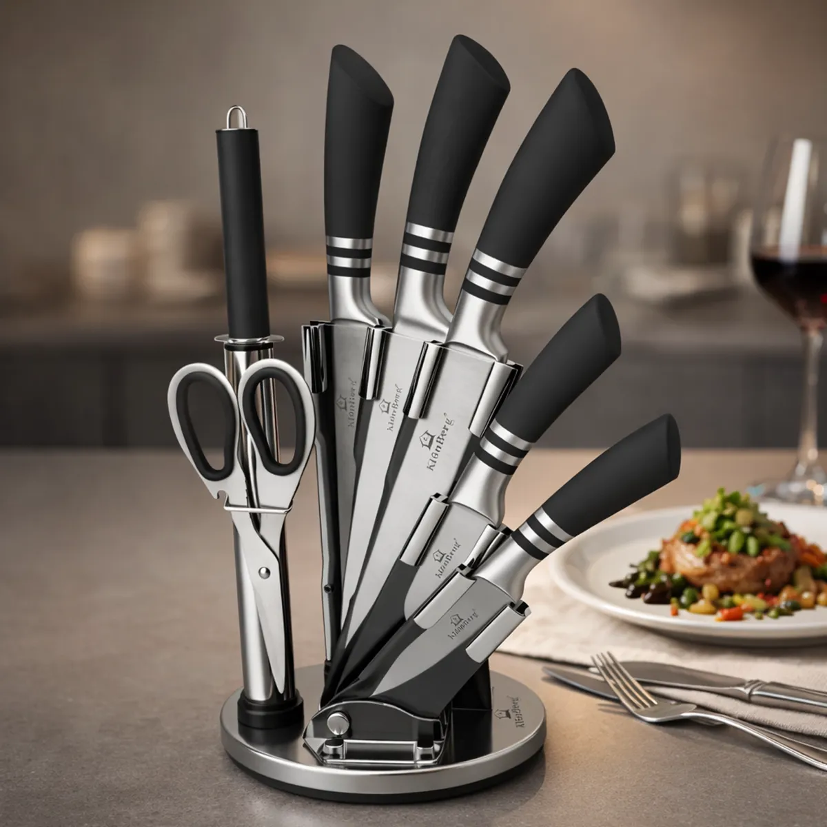 Stainless Steel Kitchen Knife Set 8 PCS with Acrylic Rotating Holder KB-3215