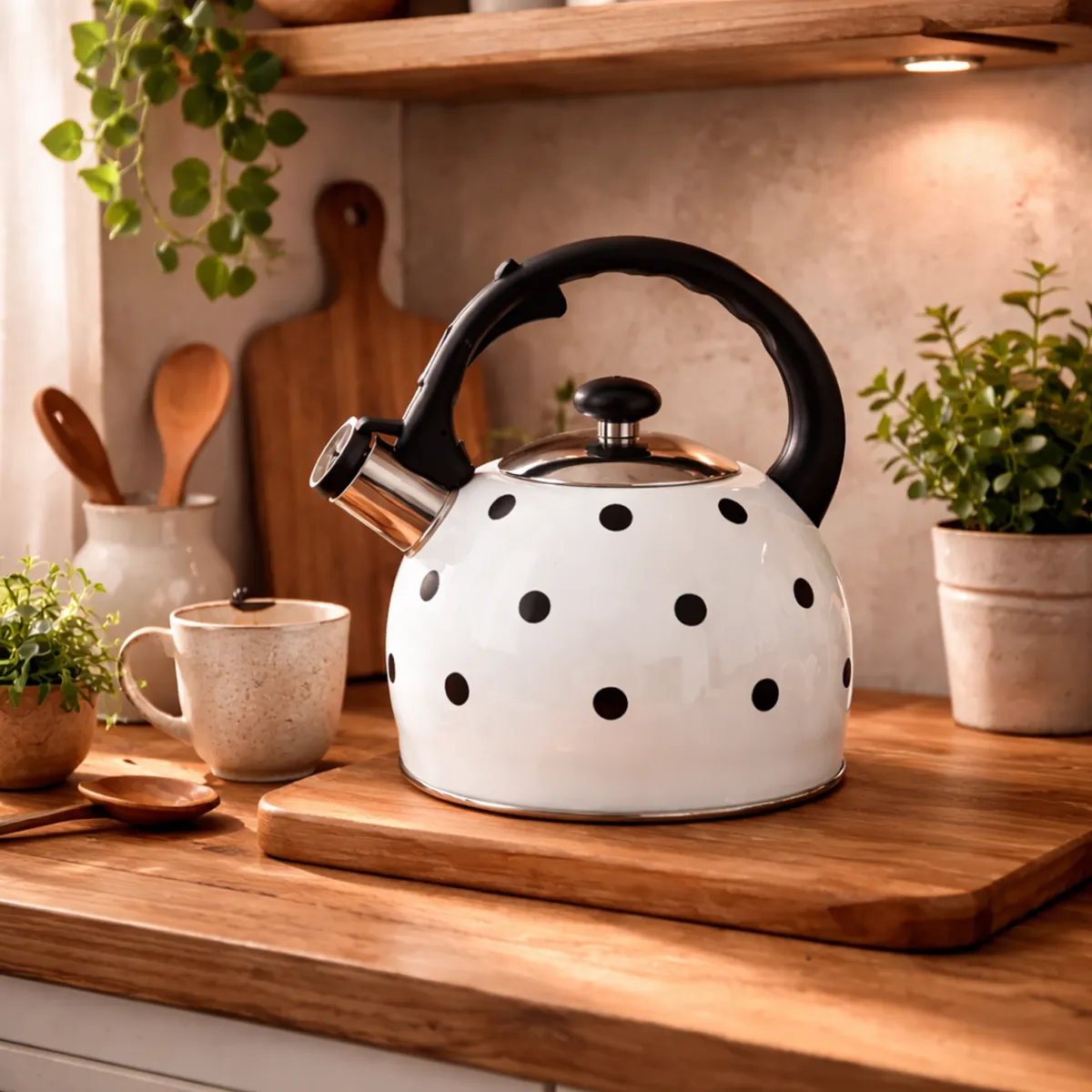 Stainless Steel Whistling Kettle 2.0L White Polka Dot Induction Compatible KB-1036