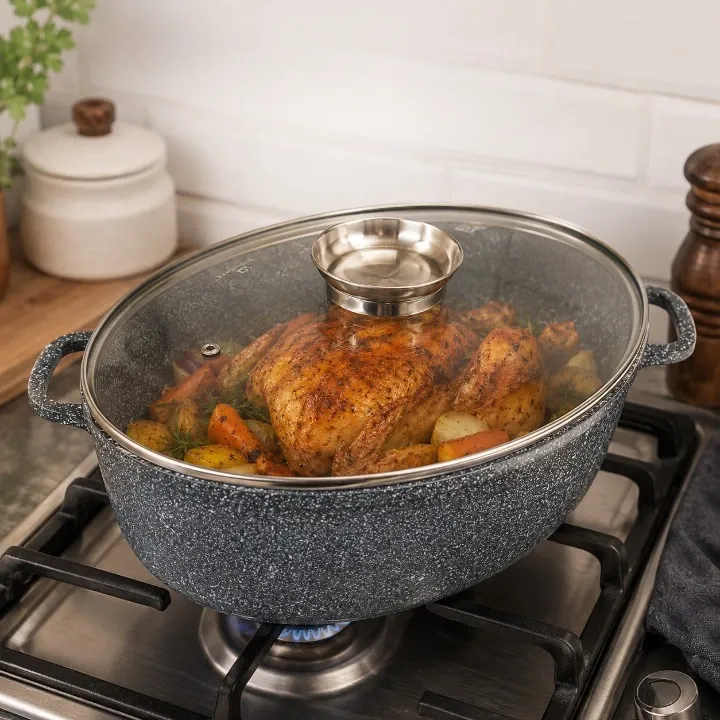 Roasting Pan 38cm with Glass Lid Non Stick Ceramic Marble Coating Grey